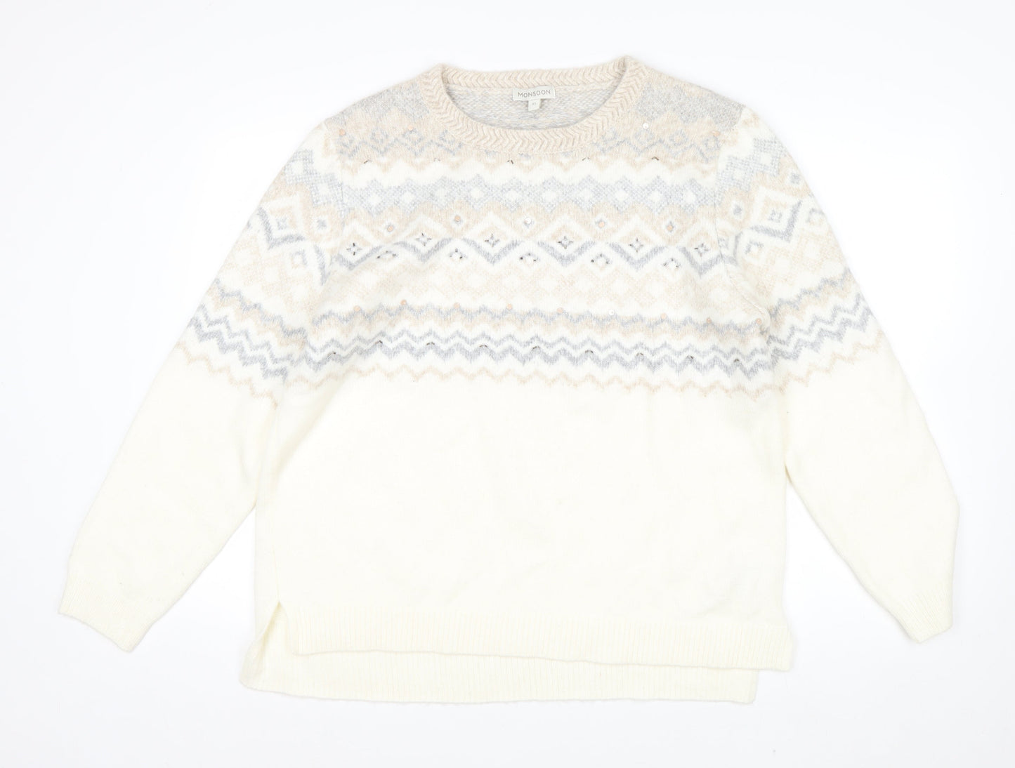 Monsoon Women Ivory Fair Isle Sequin Knit Jumper XL