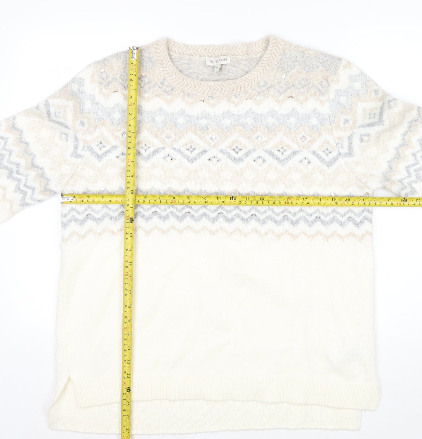 Monsoon Women Ivory Fair Isle Sequin Knit Jumper XL