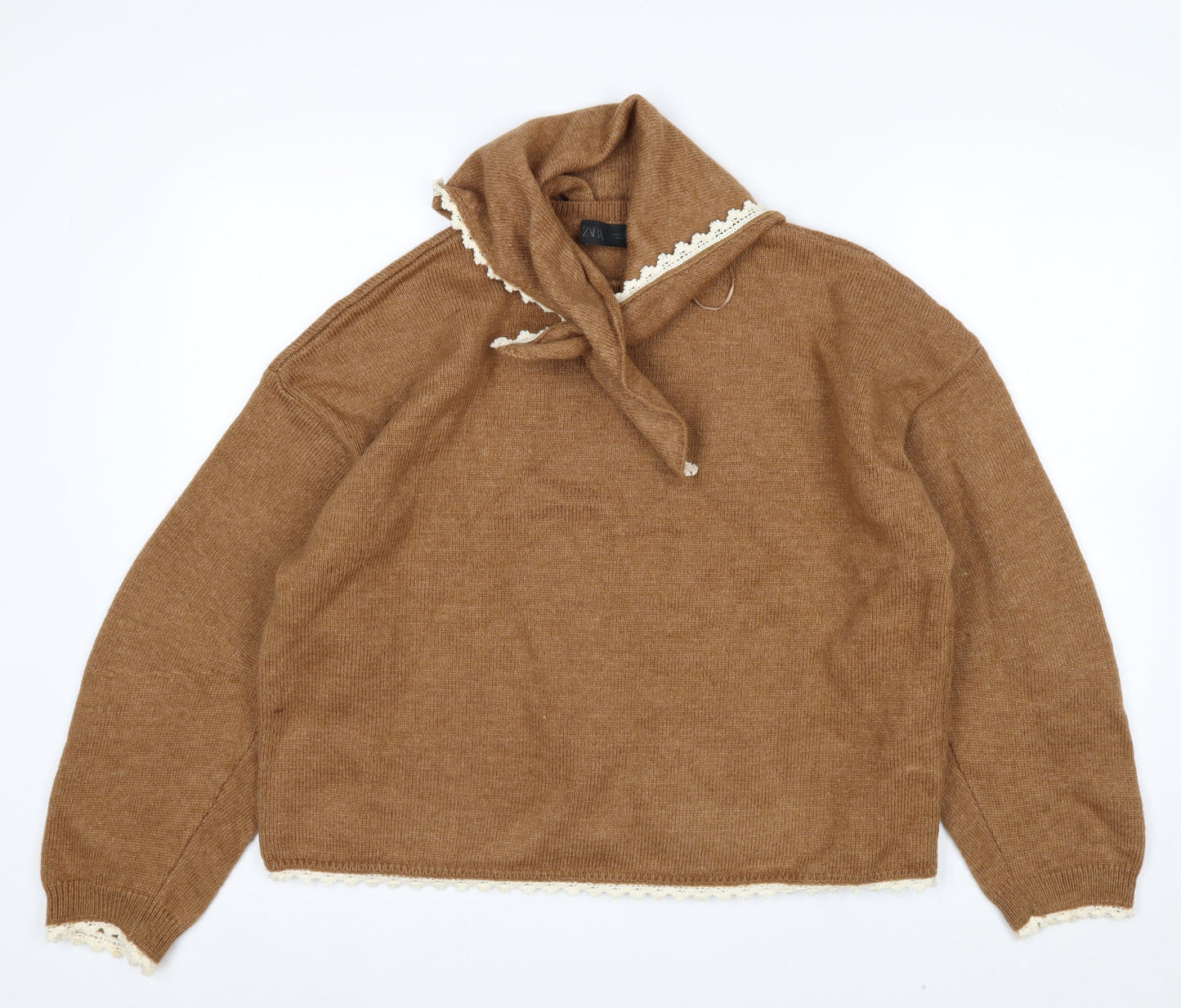 Zara Women Brown Lace Trim V-Neck Knit Jumper Size L