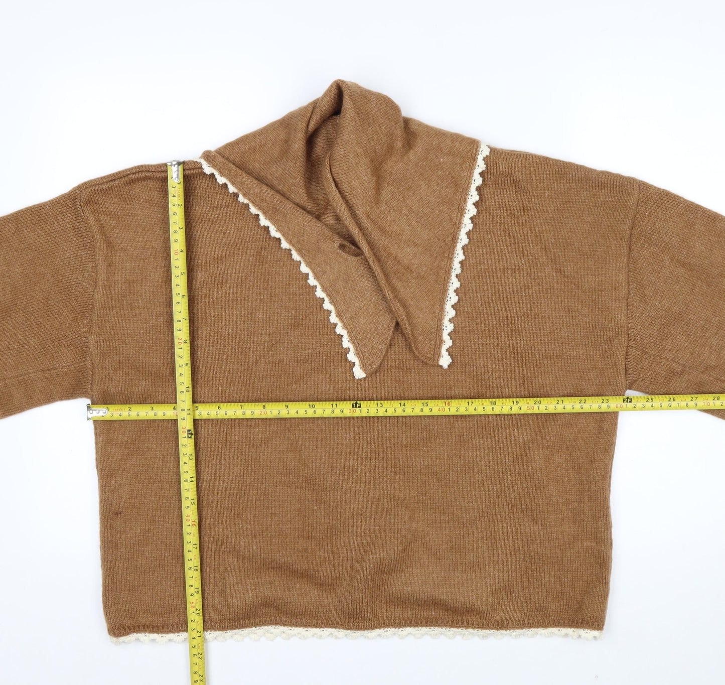 Zara Women Brown Lace Trim V-Neck Knit Jumper Size L