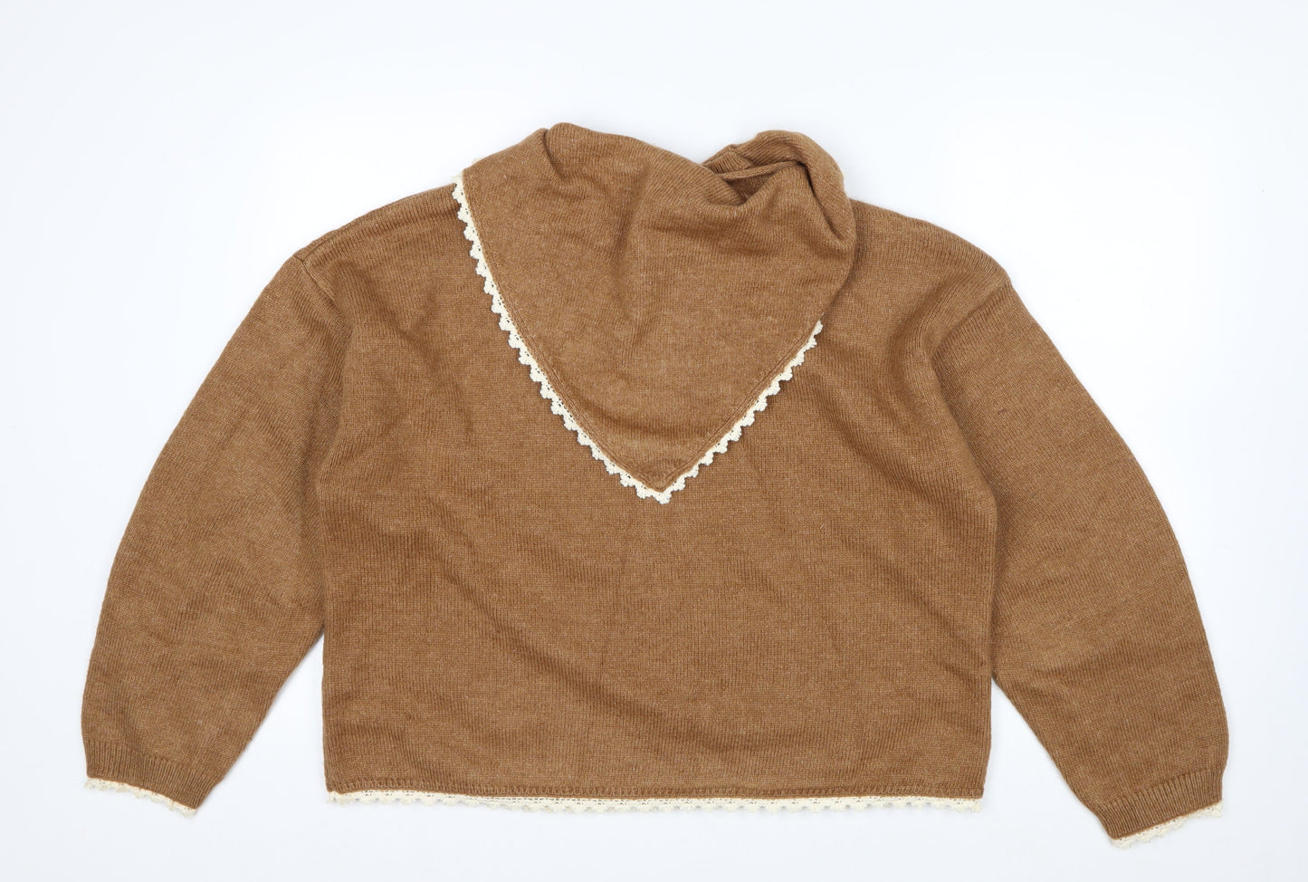 Zara Women Brown Lace Trim V-Neck Knit Jumper Size L