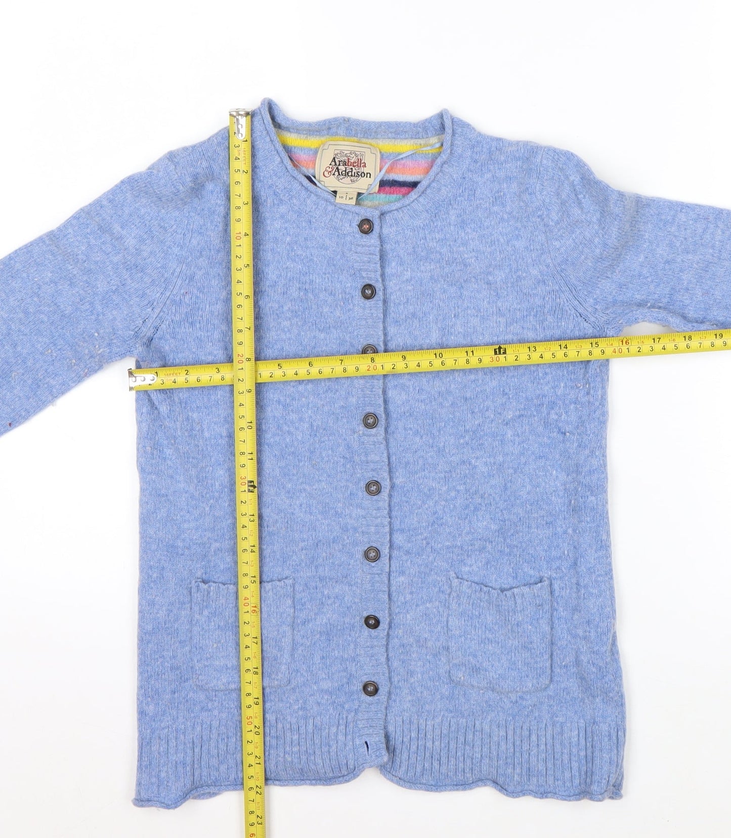 Arabella & Addison Women Blue Heart Elbow Cardigan Size 10 Wool Mix