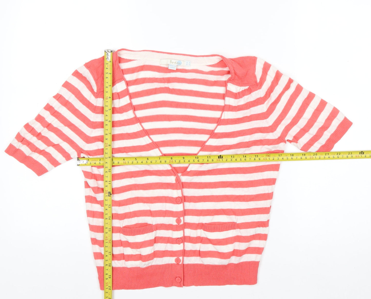 Boden Women’s Pink White Striped Linen Cotton V-Neck Cardigan Size 14