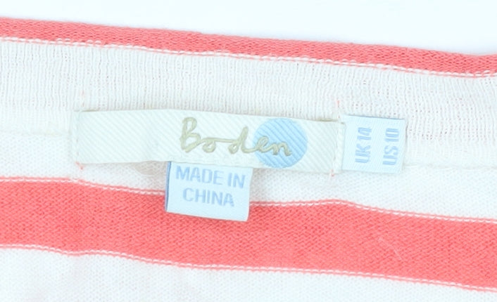 Boden Women’s Pink White Striped Linen Cotton V-Neck Cardigan Size 14