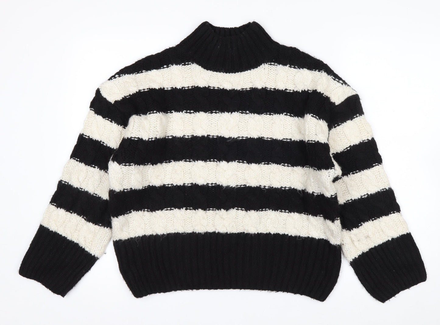 Stradivarius Women's Black White Striped High Neck Knit Jumper S