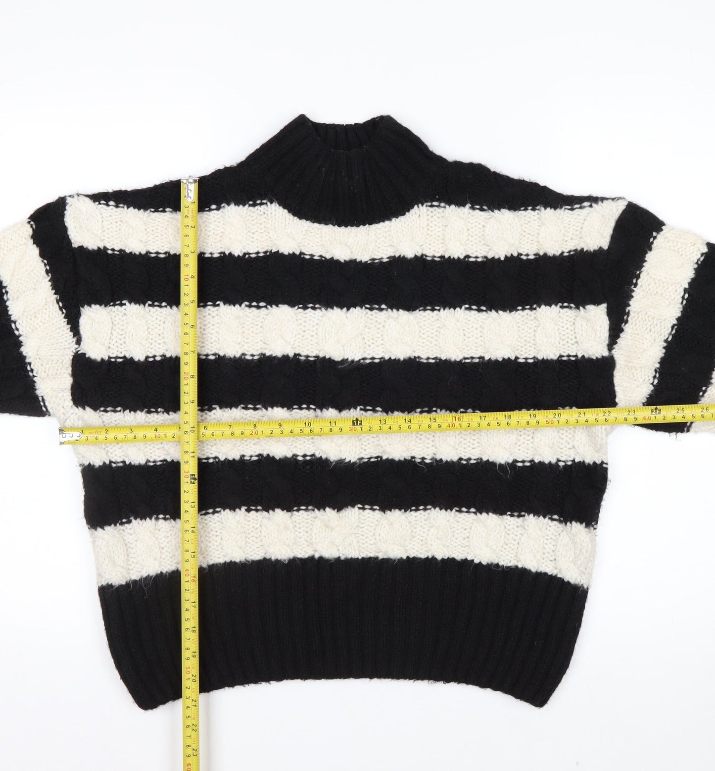Stradivarius Women's Black White Striped High Neck Knit Jumper S