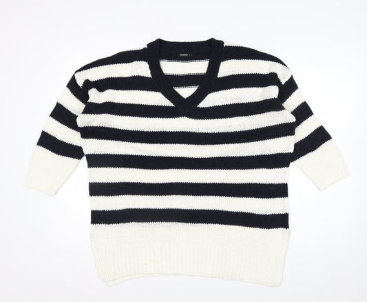 Roman Women’s Navy Stripe V-Neck Knit Jumper Size 14 Relaxed Fit