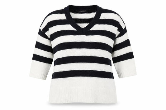 Front view of Roman Women’s Navy Stripe V-Neck Knit Jumper, size UK 14, Relaxed Fit