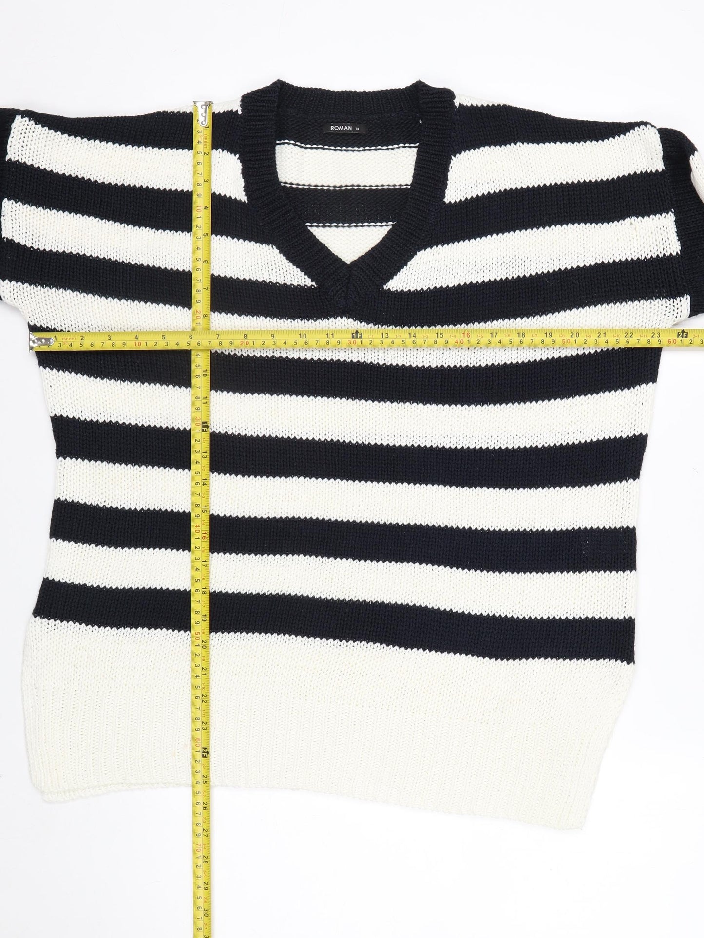 Roman Women’s Navy Stripe V-Neck Knit Jumper Size 14 Relaxed Fit