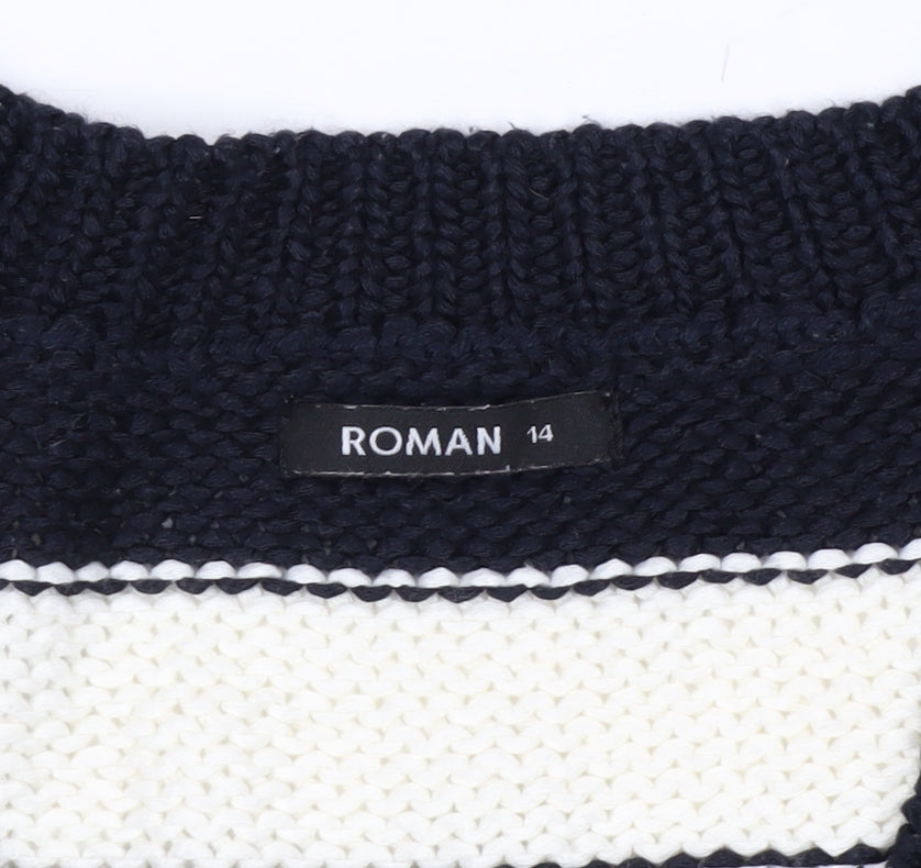 Roman Women’s Navy Stripe V-Neck Knit Jumper Size 14 Relaxed Fit