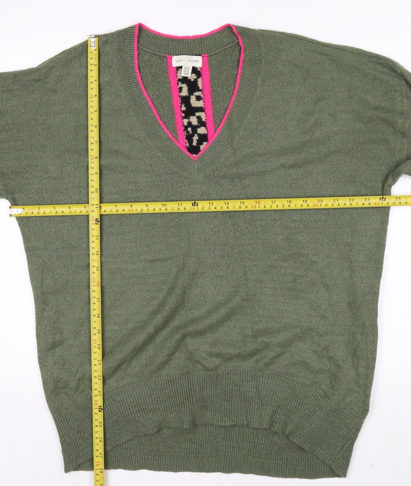 Love & Roses Women's Green Leopard Trim V-Neck Jumper Size 16