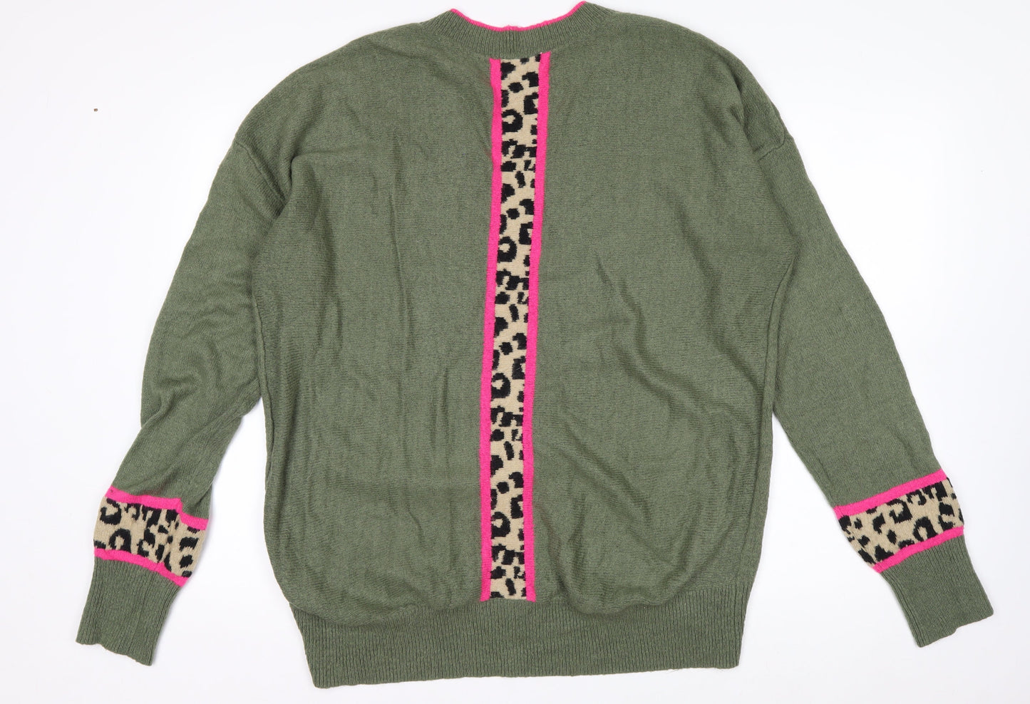 Love & Roses Women's Green Leopard Trim V-Neck Jumper Size 16