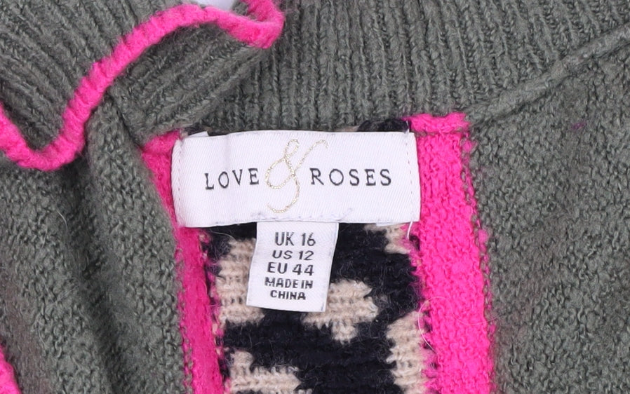 Love & Roses Women's Green Leopard Trim V-Neck Jumper Size 16