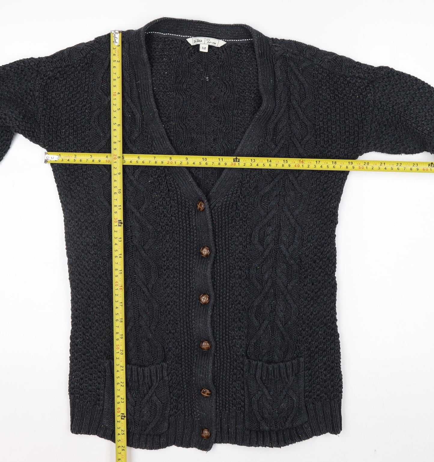Fat Face Women's Black Size 12 Cable Knit Wool Blend Cardigan
