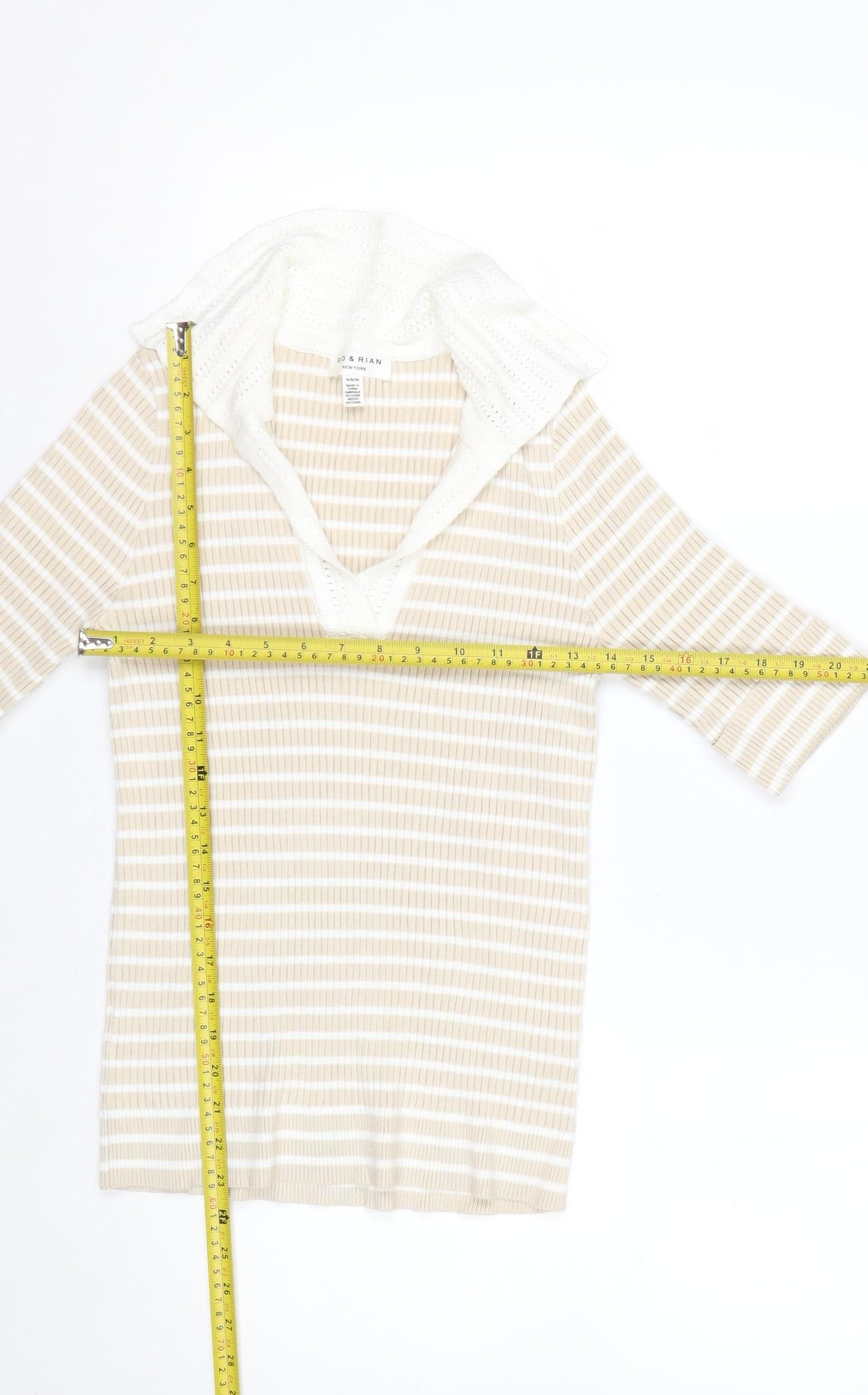 Rio & Rian Women's Beige Striped V-Neck Knit 3/4 Sleeve Top M