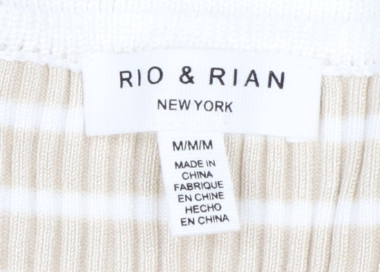 Rio & Rian Women's Beige Striped V-Neck Knit 3/4 Sleeve Top M