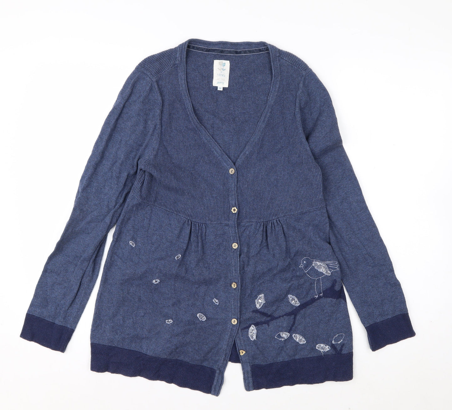 Monsoon Women’s Blue Embroidered Bird Cotton Wool V-Neck Cardigan Size 12
