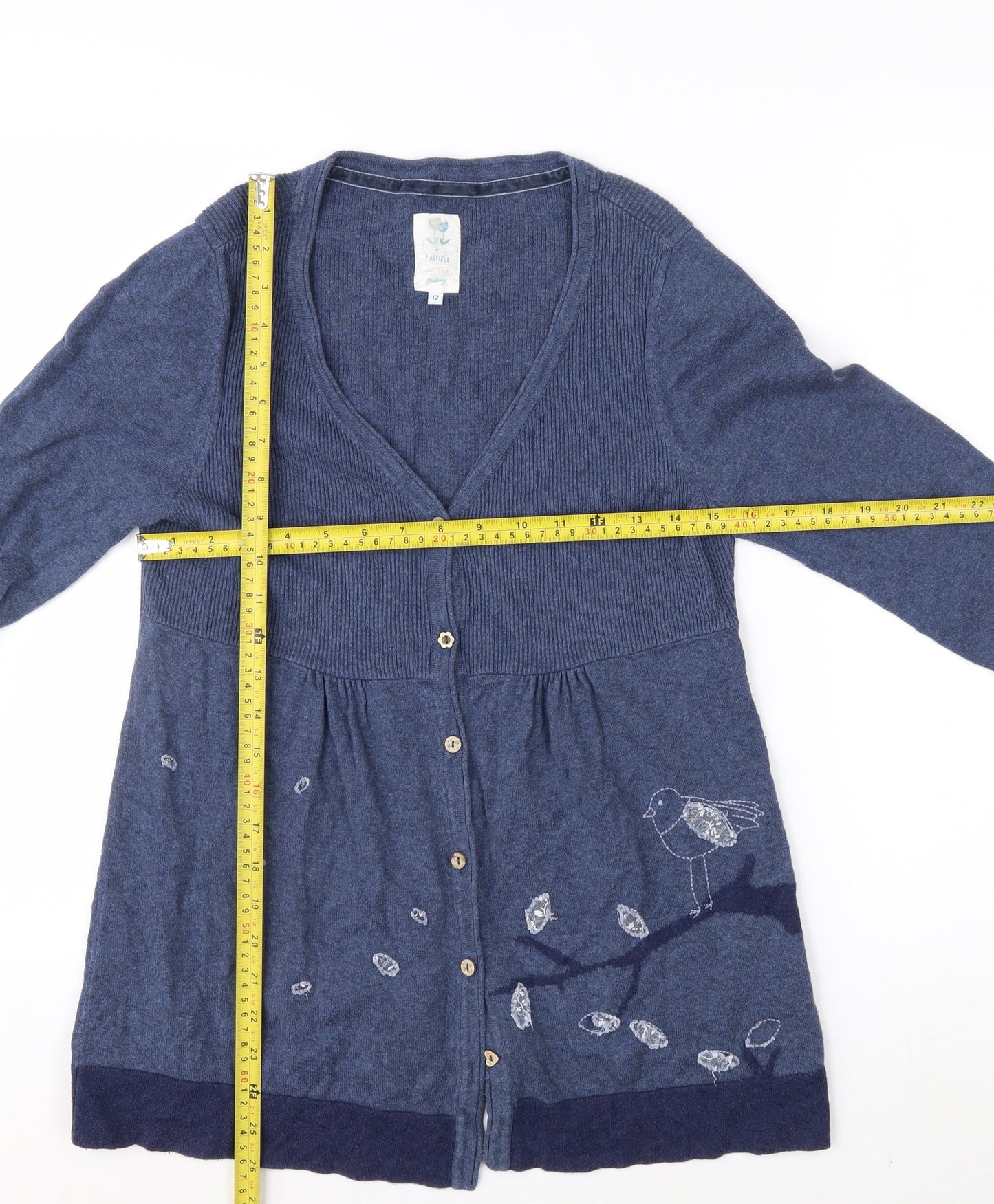 Monsoon Women’s Blue Embroidered Bird Cotton Wool V-Neck Cardigan Size 12