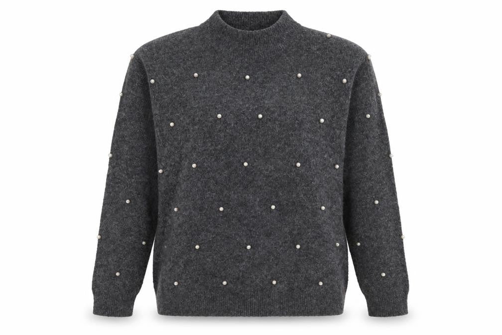 Warehouse Womens Grey Beaded Mock Neck Knit Jumper Size 12