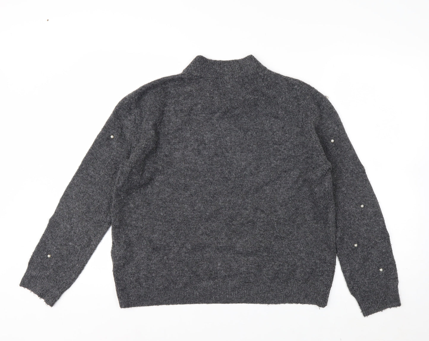 Warehouse Womens Grey Beaded Mock Neck Knit Jumper Size 12