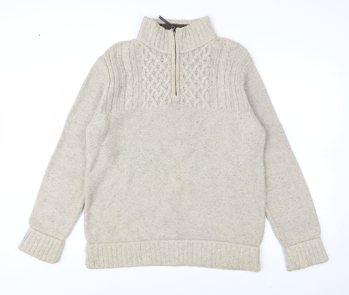 Mantaray Mens Beige Cable Knit 1/4 Zip Jumper Size M Wool Blend