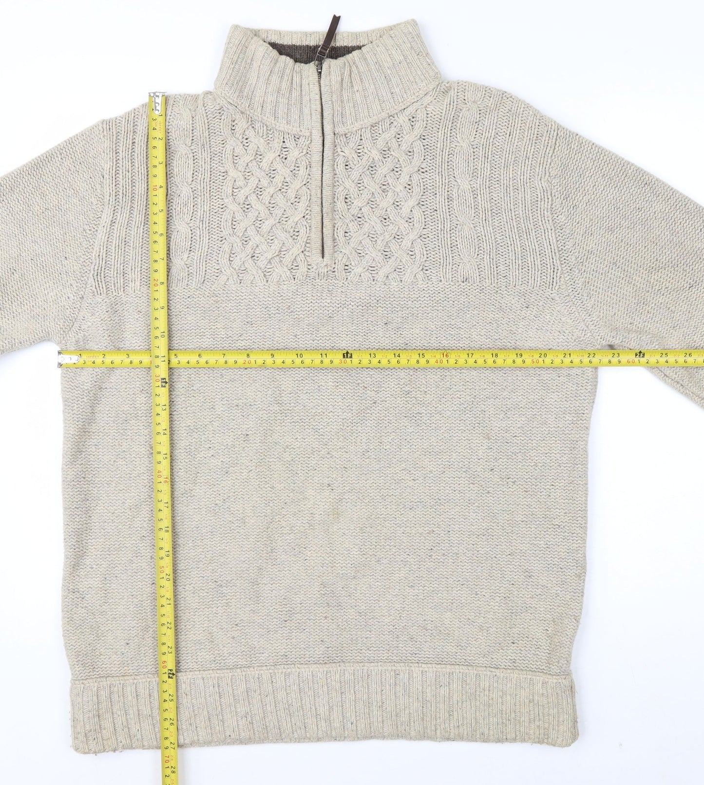 Mantaray Mens Beige Cable Knit 1/4 Zip Jumper Size M Wool Blend