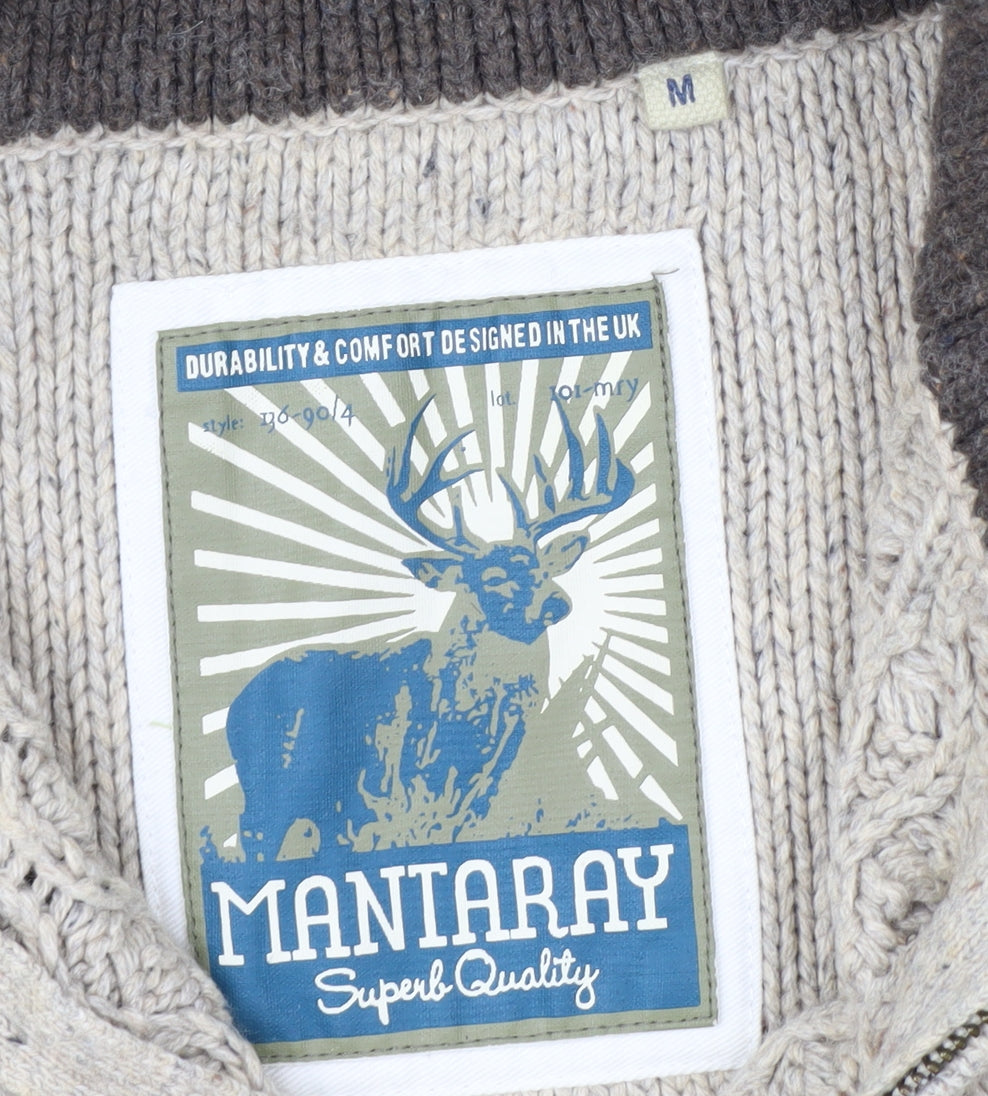Mantaray Mens Beige Cable Knit 1/4 Zip Jumper Size M Wool Blend