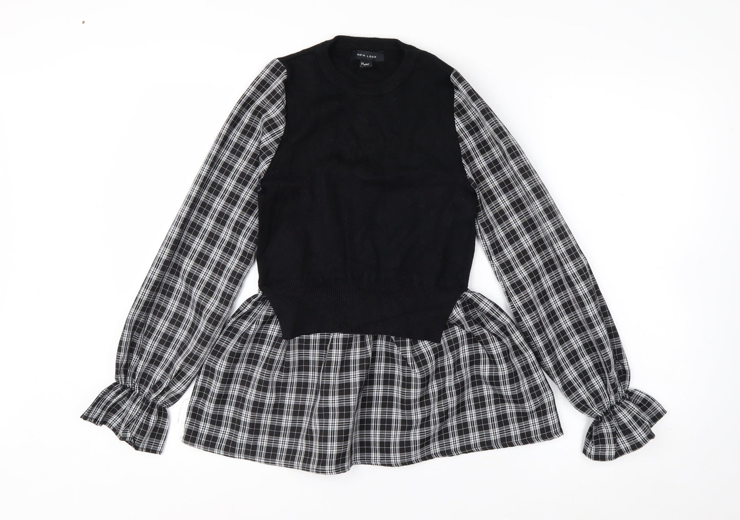 New Look Women's Black Check Tunic Blouse Size 8 Long Sleeve