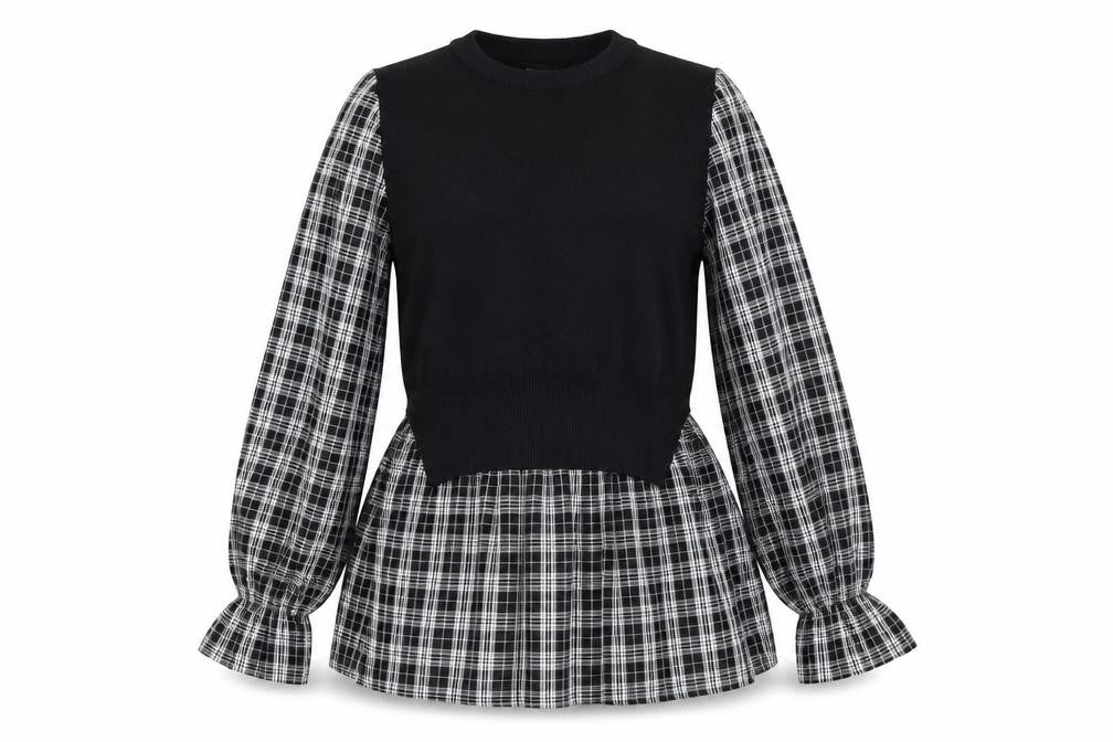 New Look Women's Black Check Tunic Blouse Size 8 Long Sleeve