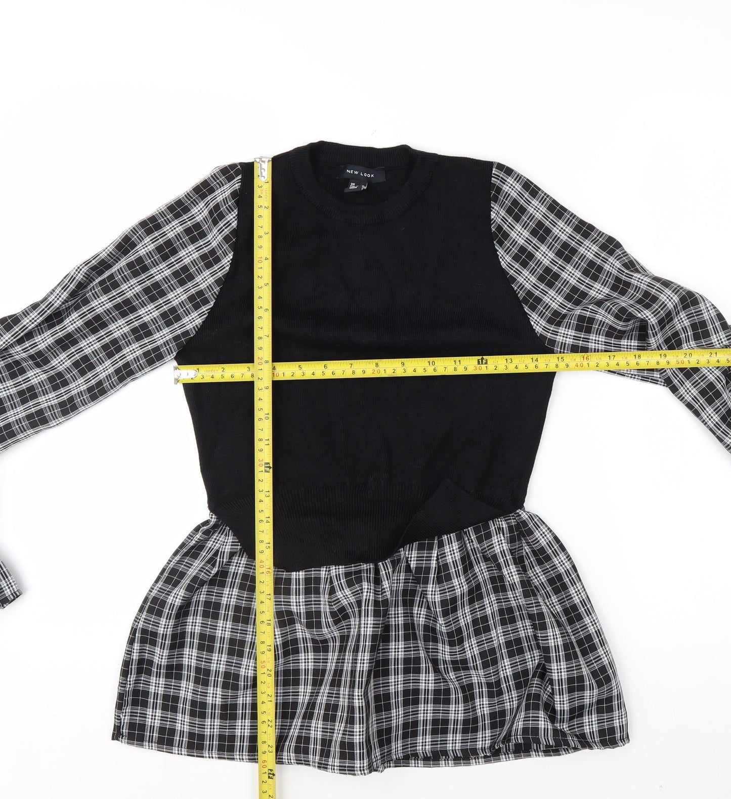 New Look Women's Black Check Tunic Blouse Size 8 Long Sleeve
