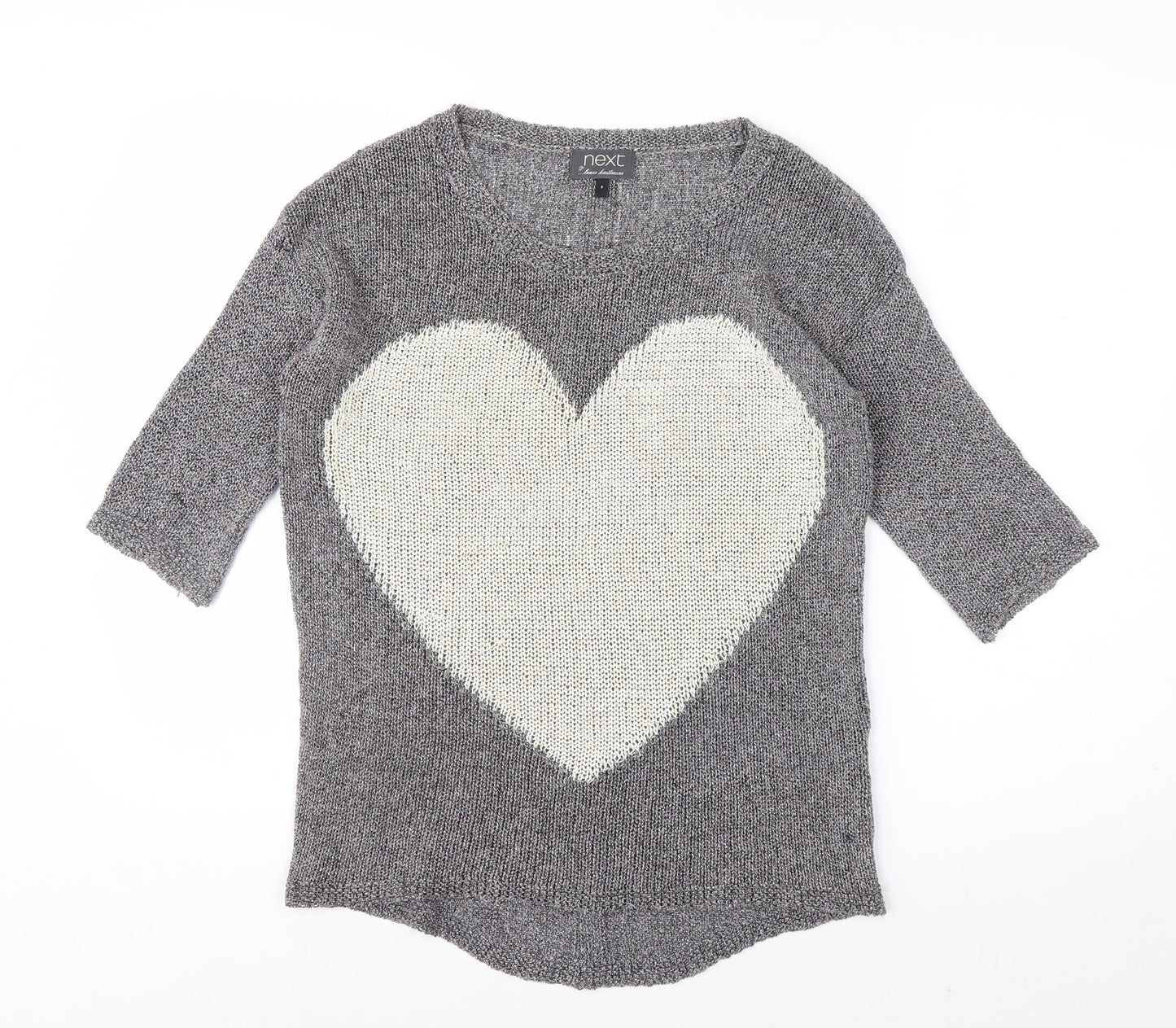 Next Womens Grey Heart Knit Jumper Size 8 Cotton Blend 3/4 Sleeve