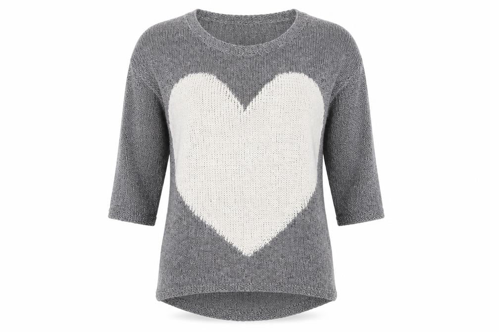 Next Womens Grey Heart Knit Jumper Size 8 Cotton Blend 3/4 Sleeve