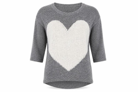 Next Womens Grey Heart Knit Jumper Size 8 Cotton Blend 3/4 Sleeve