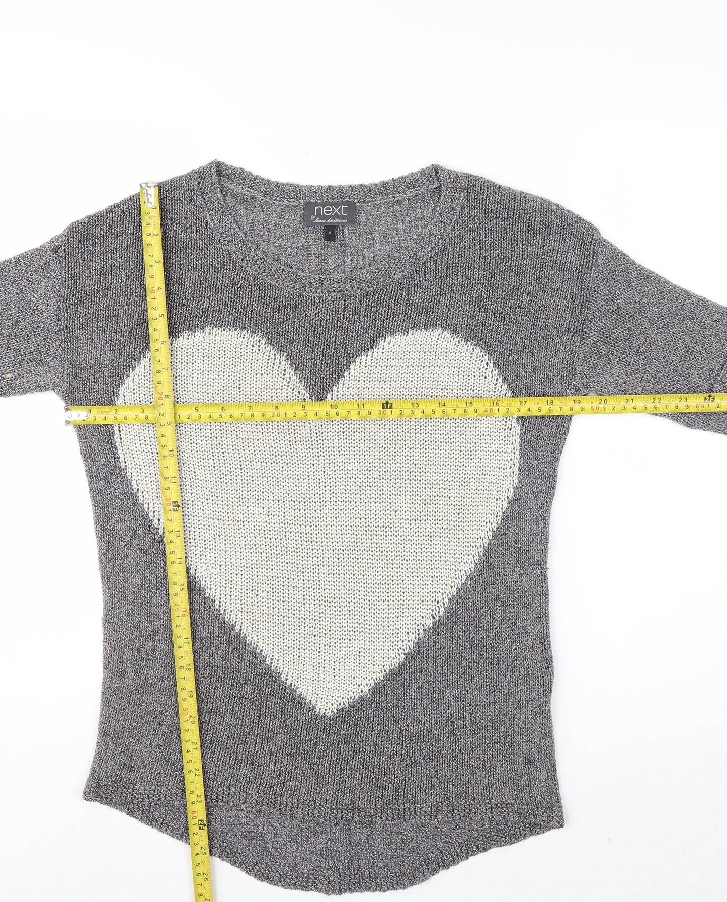 Next Womens Grey Heart Knit Jumper Size 8 Cotton Blend 3/4 Sleeve