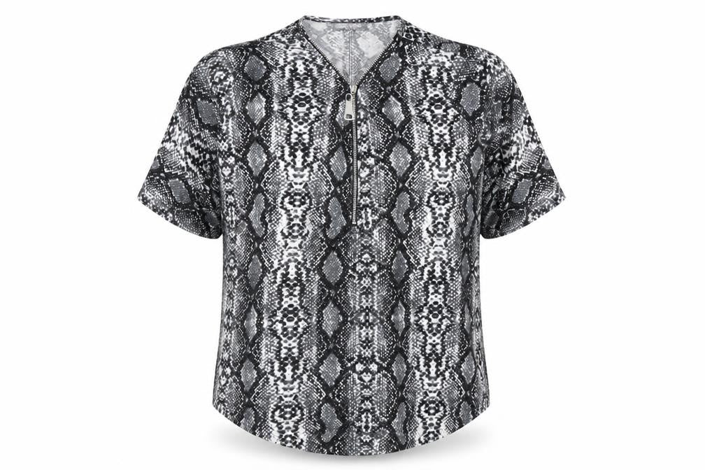 New Look Women’s Grey Snake Print Short Sleeve Zip Tunic Blouse Size M