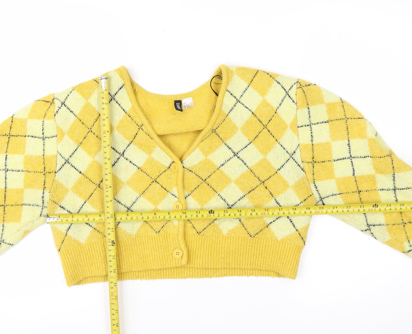 H&M Divided Women Yellow Argyle V-Neck Cropped Cardigan Size S