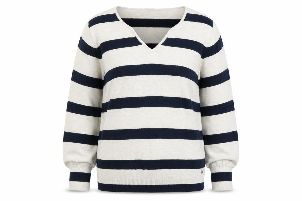 Cream Women's Beige Navy Striped V-Neck Pullover Jumper Size M