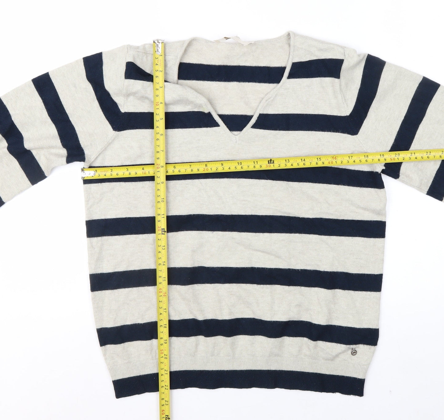Cream Women's Beige Navy Striped V-Neck Pullover Jumper Size M