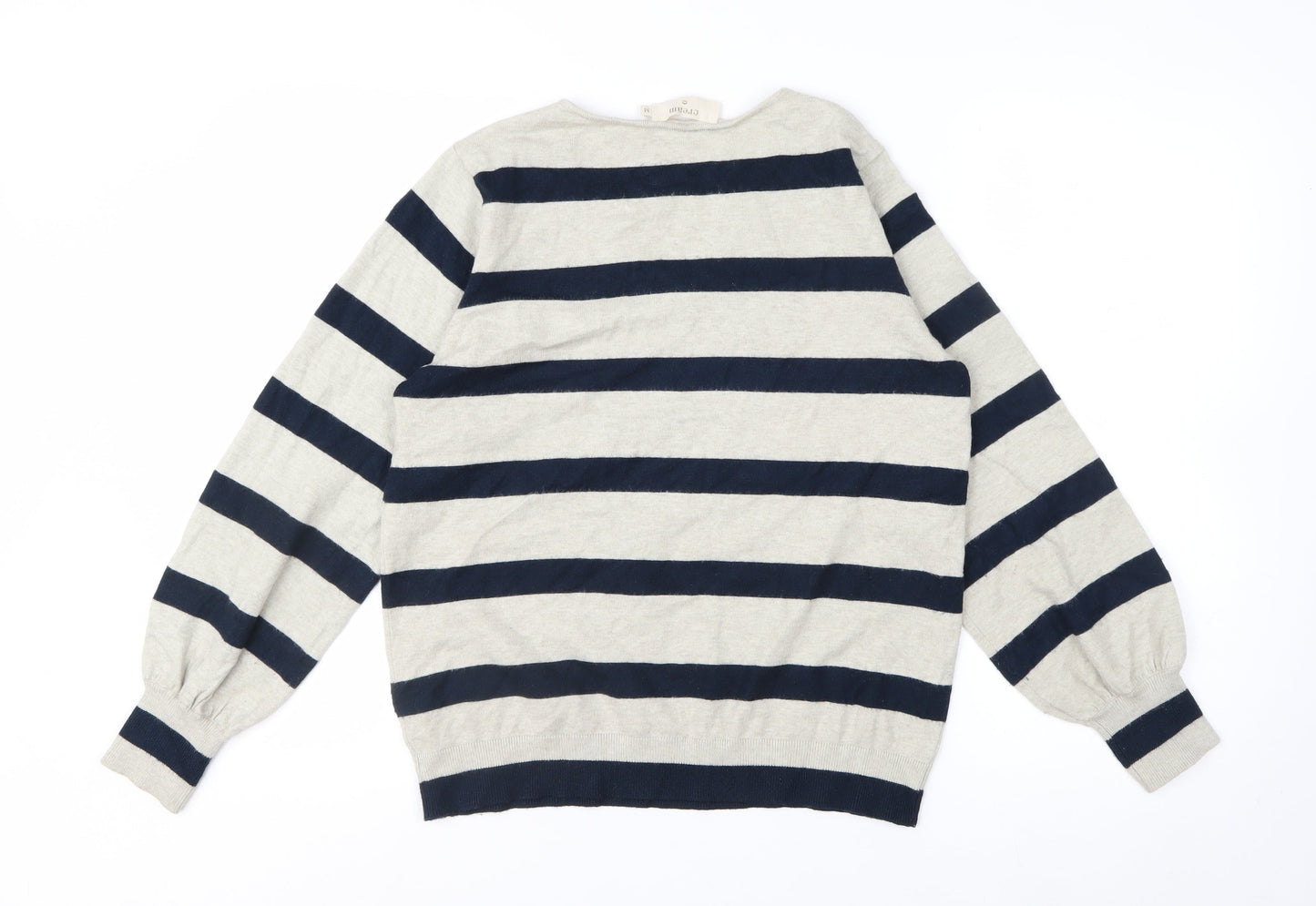 Cream Women's Beige Navy Striped V-Neck Pullover Jumper Size M