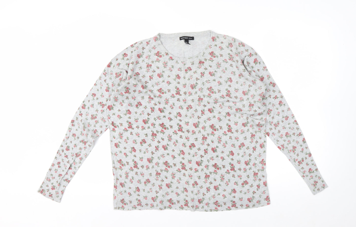Mango Women’s Grey Floral Long Sleeve Cotton Blend T-Shirt Size L