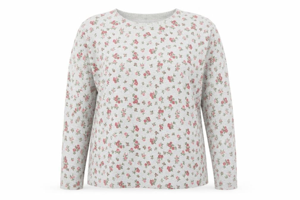 Mango Women’s Grey Floral Long Sleeve Cotton Blend T-Shirt Size L