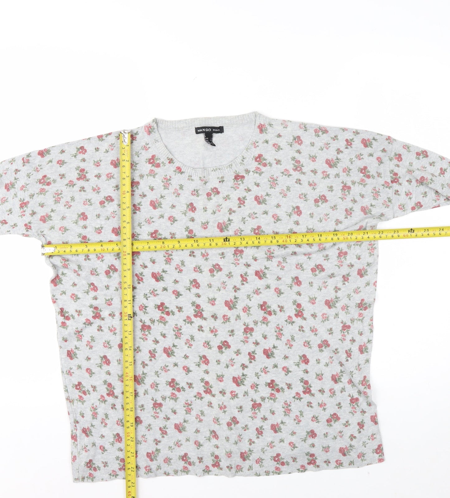 Mango Women’s Grey Floral Long Sleeve Cotton Blend T-Shirt Size L