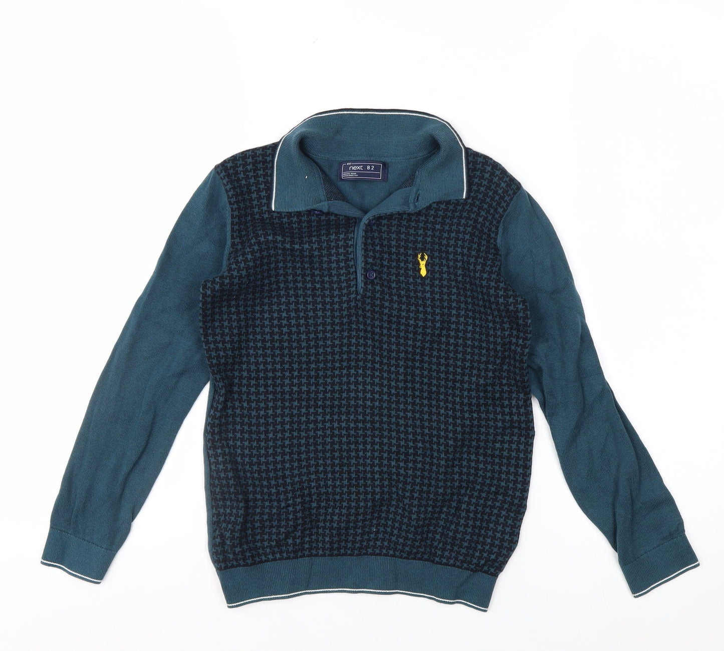 Next Boys Blue Long Sleeve Cotton Polo Shirt 8 Years Geometric Pattern