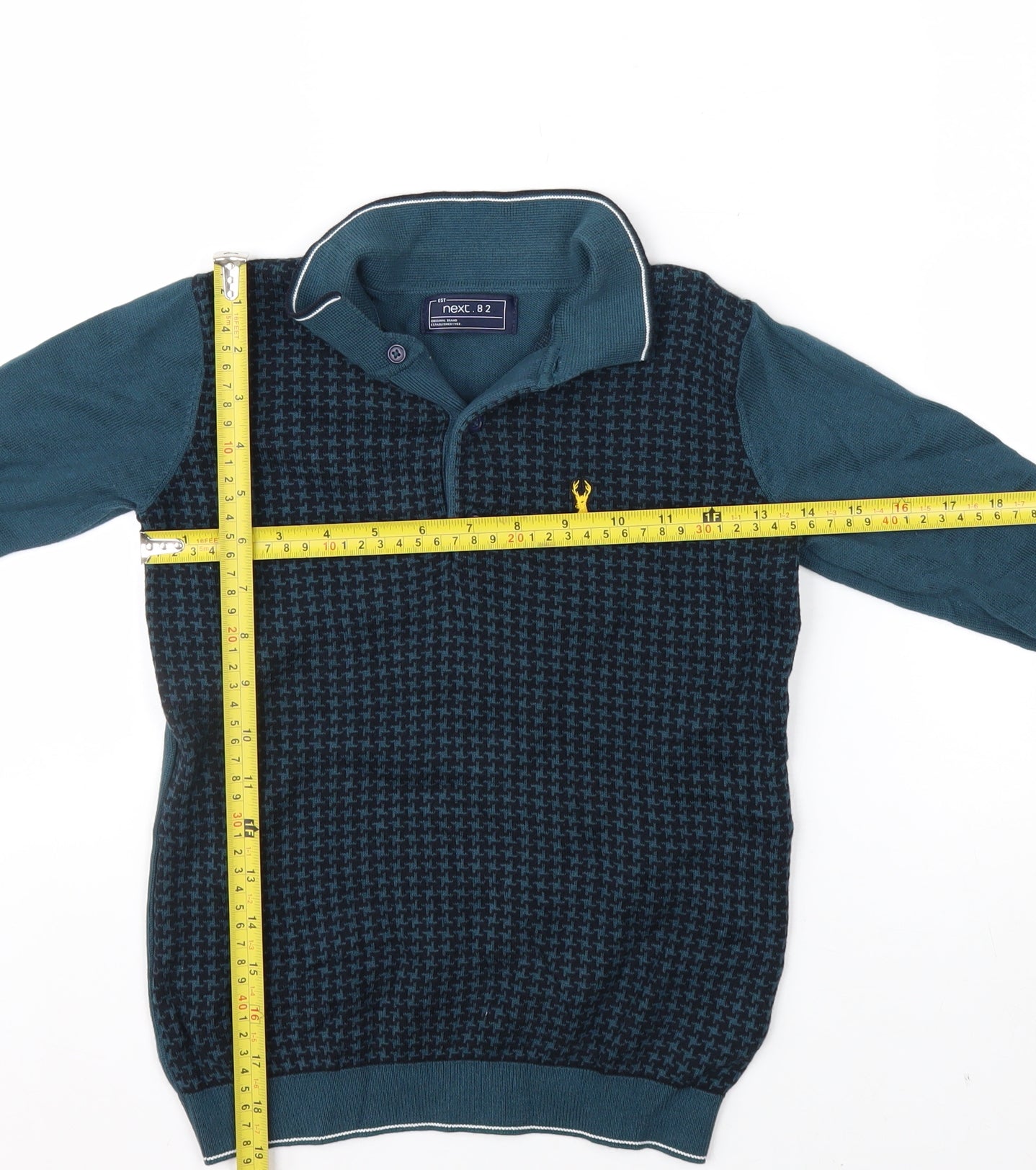 Next Boys Blue Long Sleeve Cotton Polo Shirt 8 Years Geometric Pattern