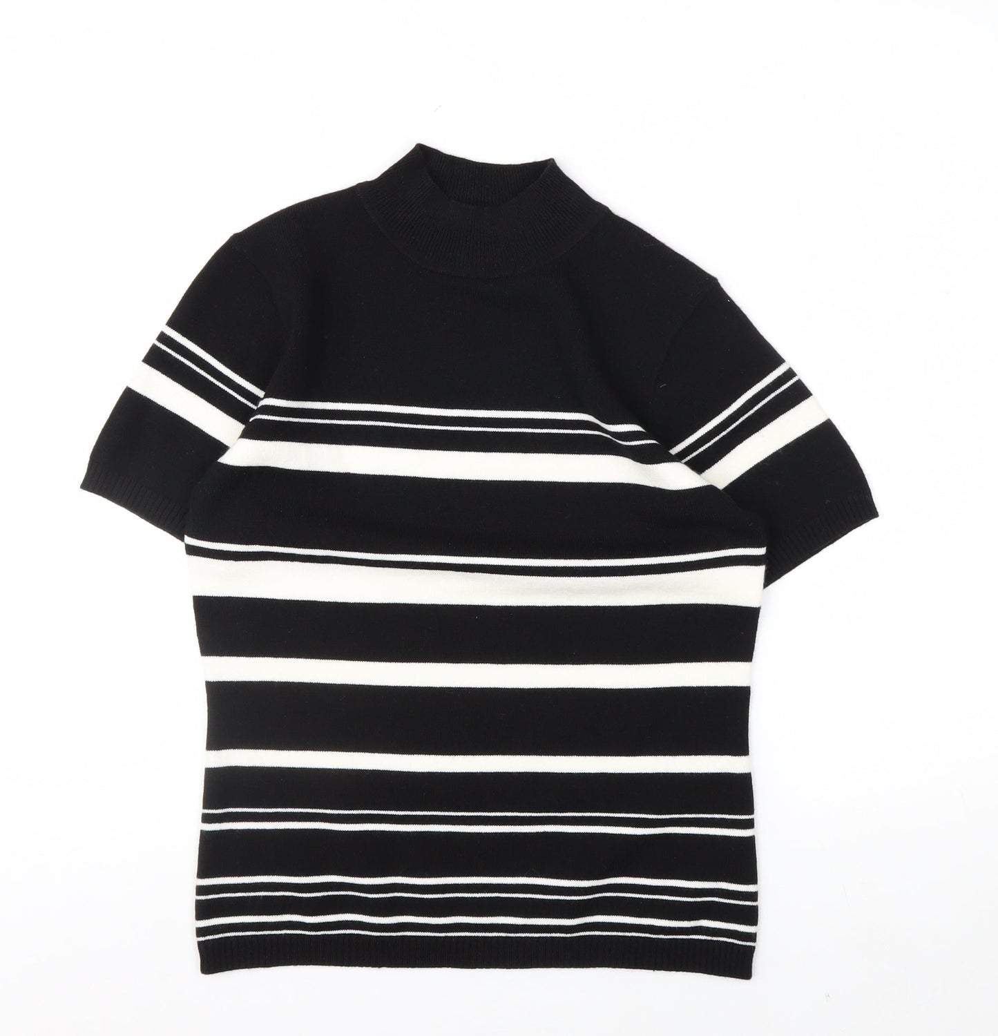 Essentials Women's Black Striped Mock Neck Short Sleeve Knit Top Size 10-12