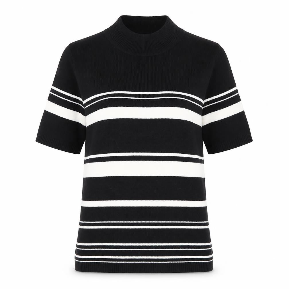 Essentials Women's Black Striped Mock Neck Short Sleeve Knit Top Size 10-12