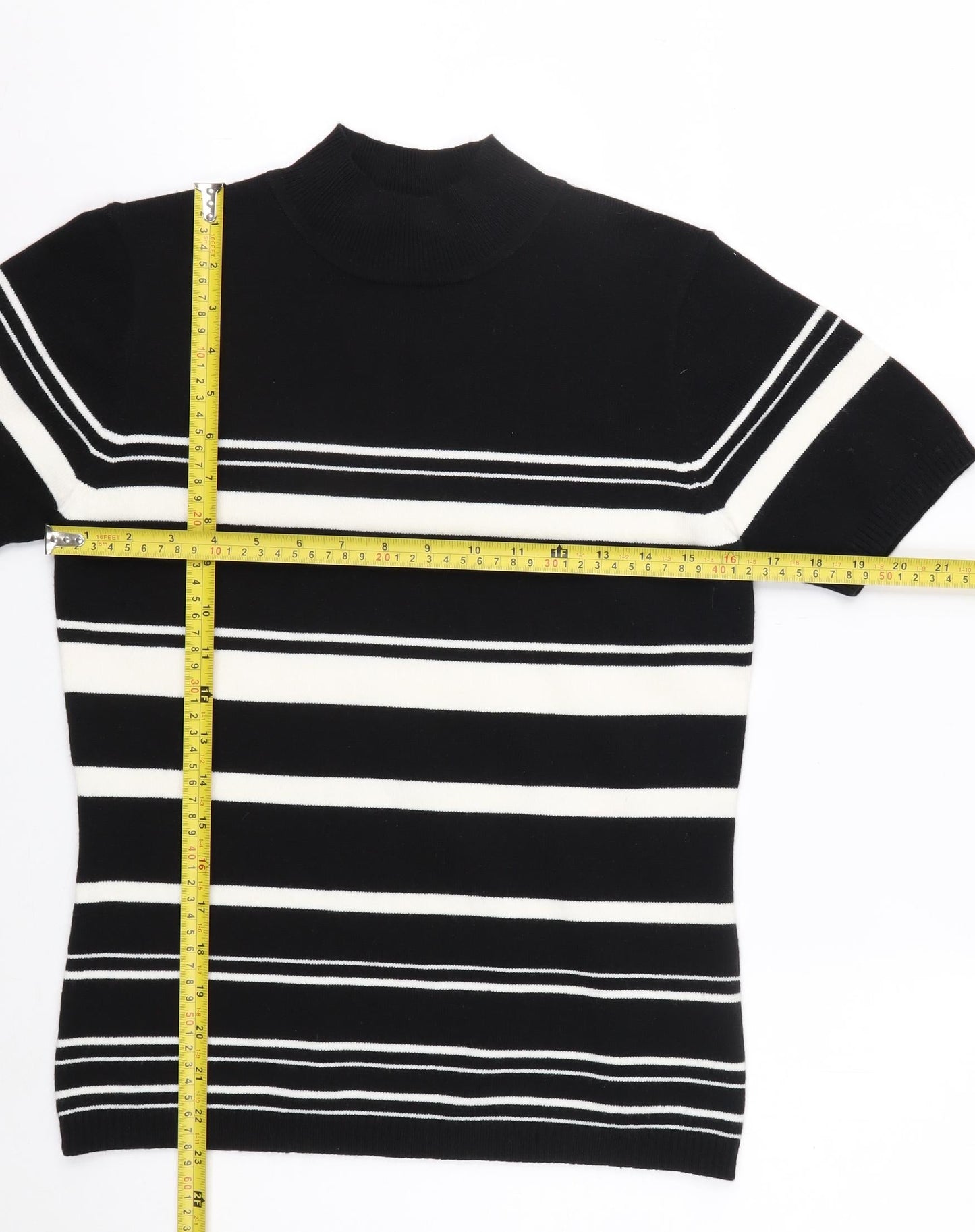 Essentials Women's Black Striped Mock Neck Short Sleeve Knit Top Size 10-12