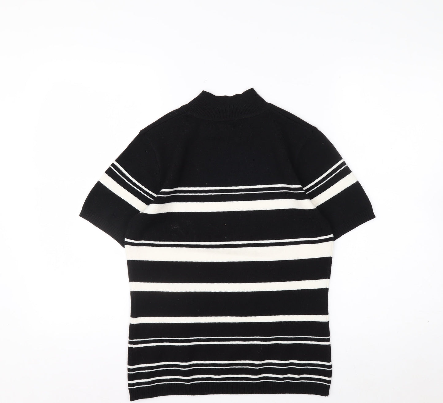 Essentials Women's Black Striped Mock Neck Short Sleeve Knit Top Size 10-12