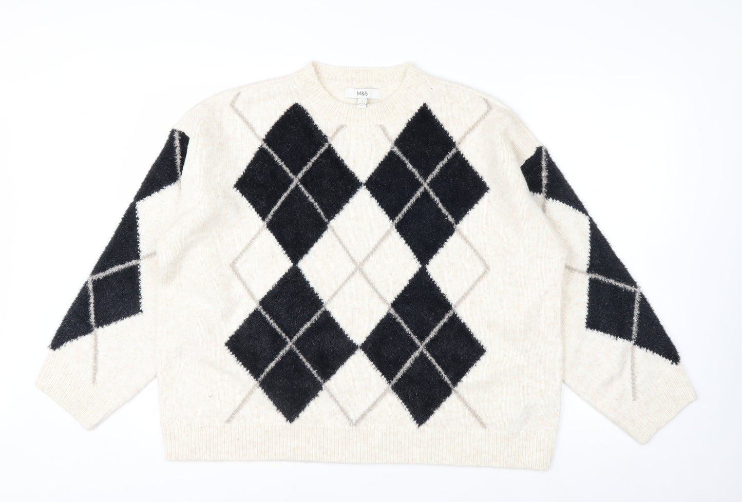 Marks and Spencer Women Beige Argyle Knit Jumper L Wool Blend