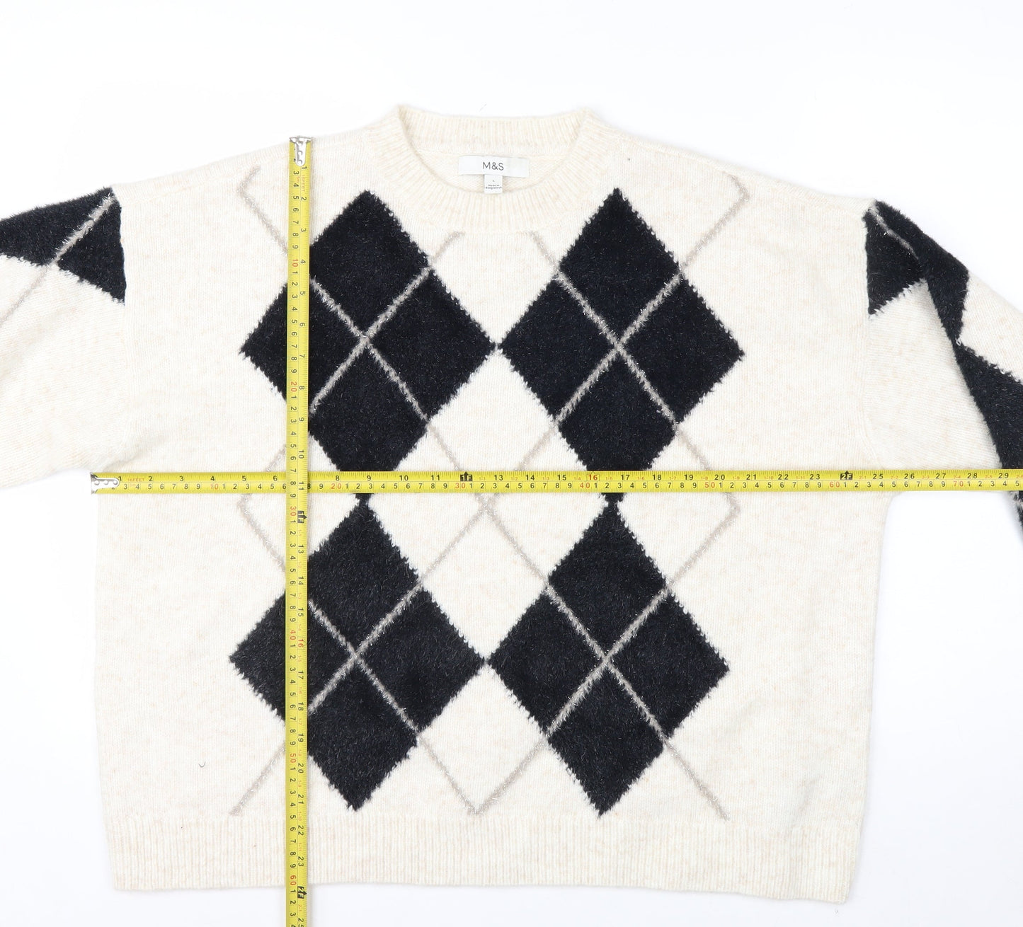 Marks and Spencer Women Beige Argyle Knit Jumper L Wool Blend